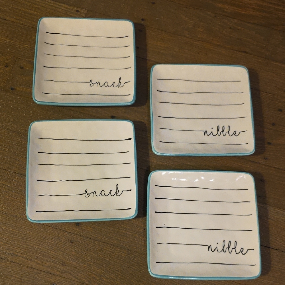 "Nibble/ Snack" Blue Harbor- Square Ceramic Appetizer Plates- Set Of 4